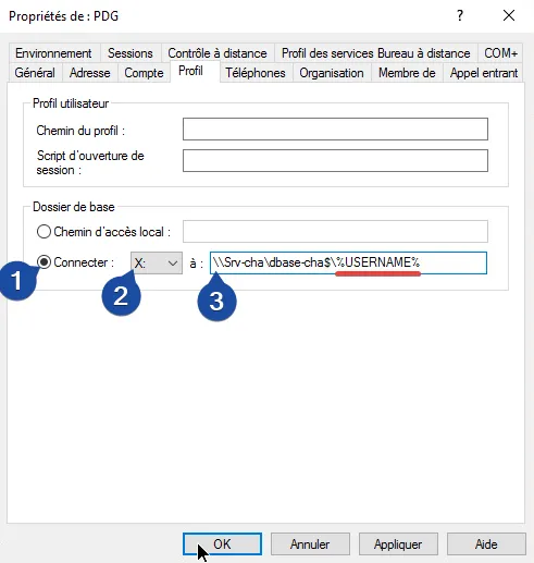 Collez le chemin du partage réseau.
%USERNAME% crée un dossier nommé d'après chaque utilisateur
