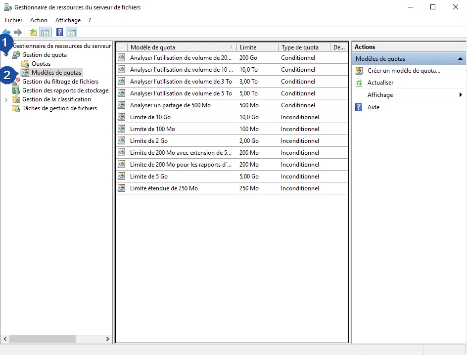 Liste des modèles par défaut