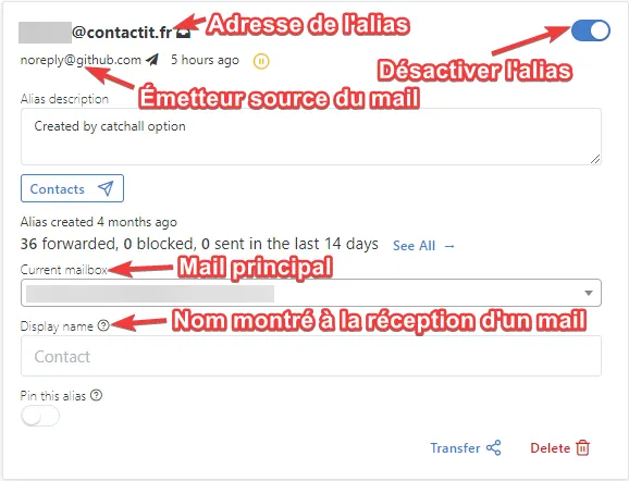 Interface of an email alias in SimpleLogin