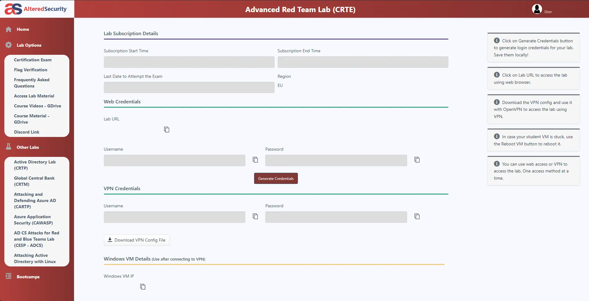 Interface de la plateforme d'apprentissage d'Altered Security