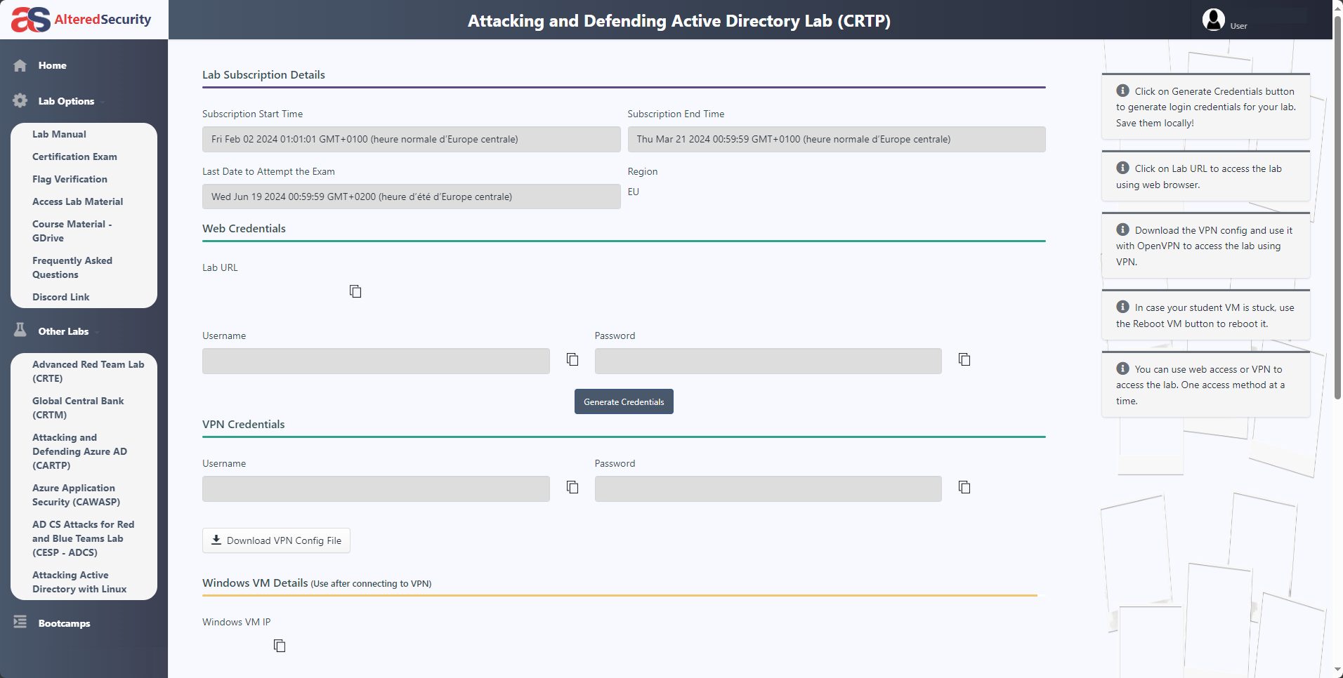 Interface de la plateforme d'apprentissage d'Altered Security