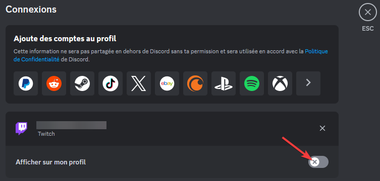 Réduction de la visibilité publique des comptes liés sur Discord