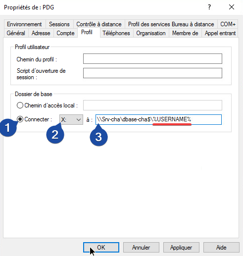 Collez le chemin du partage réseau.
%USERNAME% crée un dossier nommé d'après chaque utilisateur